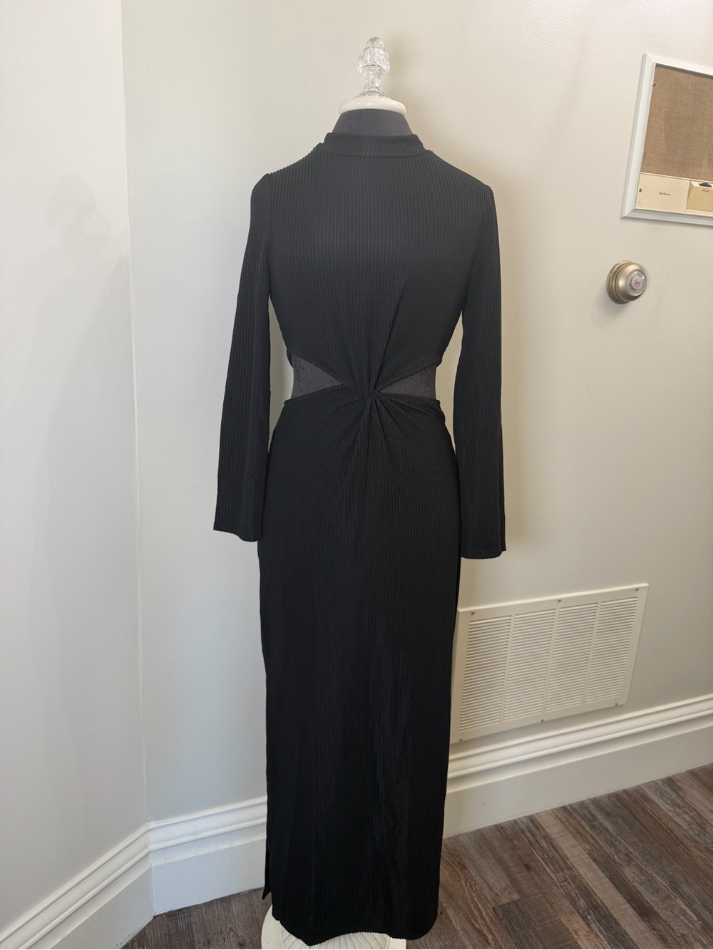 New Elegant Black Womens Long-Sleeve Twist-Waist Maxi Dress Size M